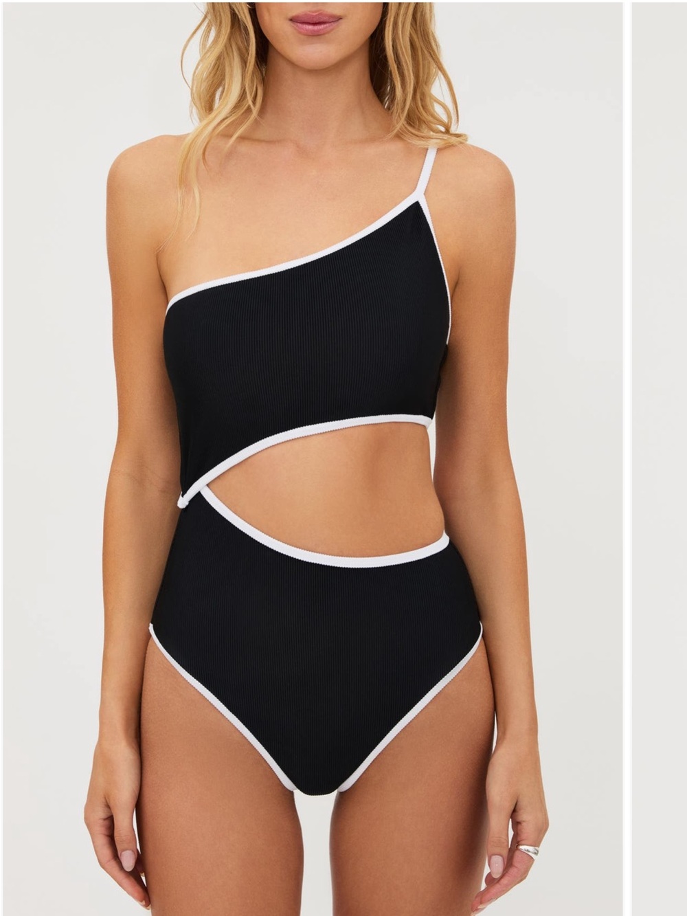 Beach Riot Black One-Shoulder Cutout Swimsuit with White Trim